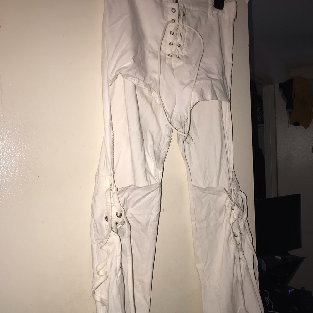 white thigh cut flare pants